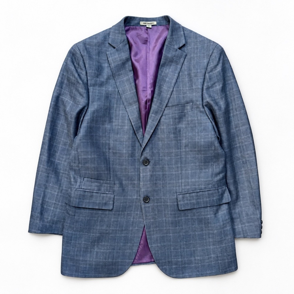 Johnston Murphy Blue Plaid Silk Wool Linen Blazer Mens S Formal Classic Business
